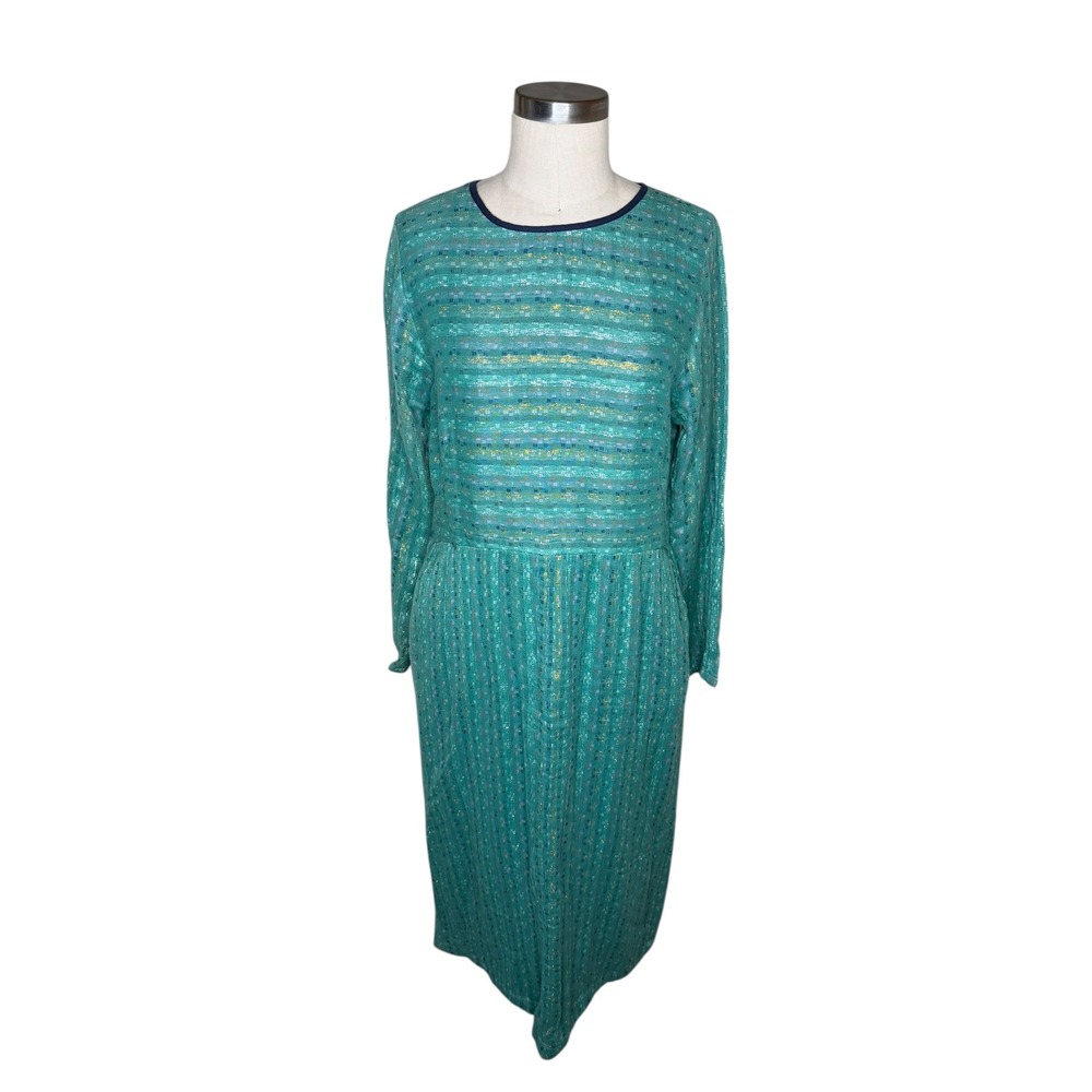 ACE & JIG Green Blue Metallic Midi Dress Striped Long Sleeve Women's Size Medium